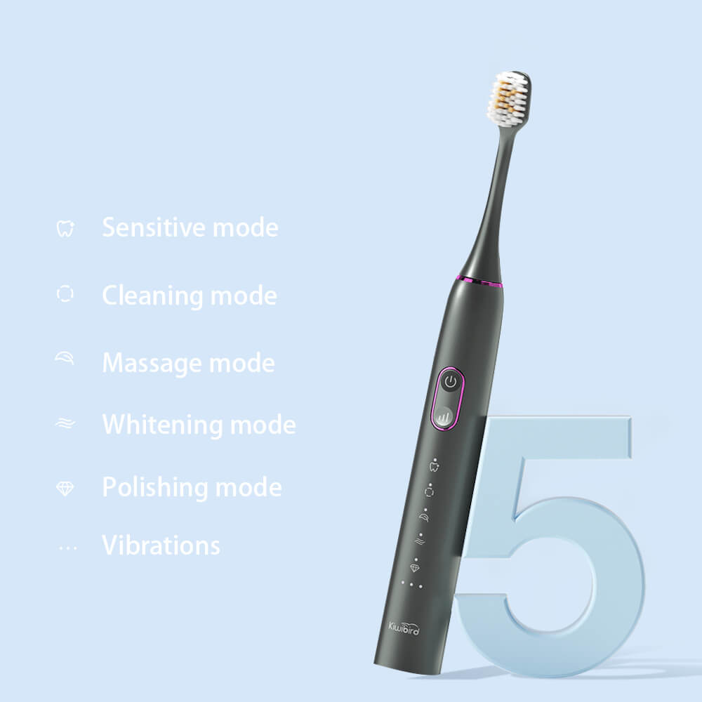 Black electric toothbrush with 5 modes, 3 vibration adjustments and a total of 15 oral care processes